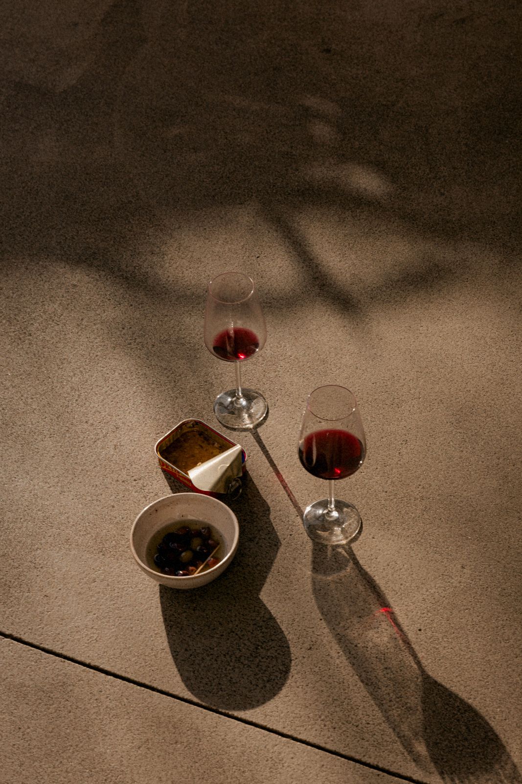Two glasses of red wine casting shadows